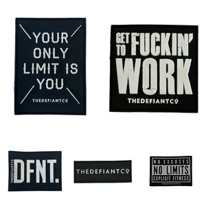 A photo collage showing the velcro patches available within the accessories section of The Defiant Co website.  The patches show a variety of designs and are all embossed with the standard The Defiant Co logo in some capacity.  There are five to choose from in multiple designs and sizes, all black with white text.