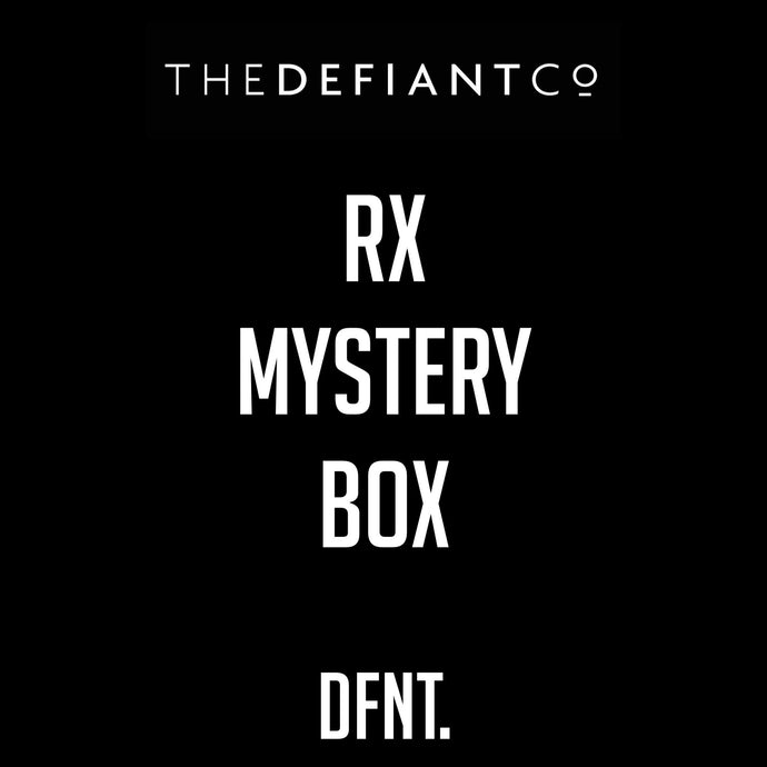 The photo shows the details for the mystery box and is simply just text on a black background. Both The Defiant Co and DFNT. logos are included with the level of the Mystery Box, this one being RX.