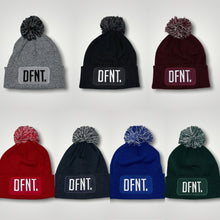 Load image into Gallery viewer, A selection of bobble beanies in a variety of colours.  This is a cosy winter hate with a bobble on top.  Perfect for winter walks. Logo of DFNT. is embroidered on to the front patch and makes a really bold statement.